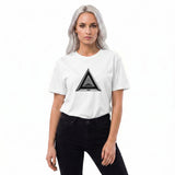 Front view of a white women’s organic t-shirt by HOLO streetwear, featuring the Triangular Fusion design