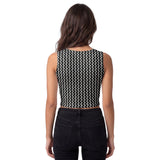 Back view of a all over print women’s crop top. Features the same mirrored design as the front.