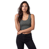 Front view of a black and gray women’s all-over printed crop top by HOLO Streetwear, featuring the Zig Zag design. The pattern consists of parallel zigzag lines alternating between black and gray, almost creating a optical illusion effect at a certain distance. A bold streetwear piece that combines movement and contrast for a dynamic look.